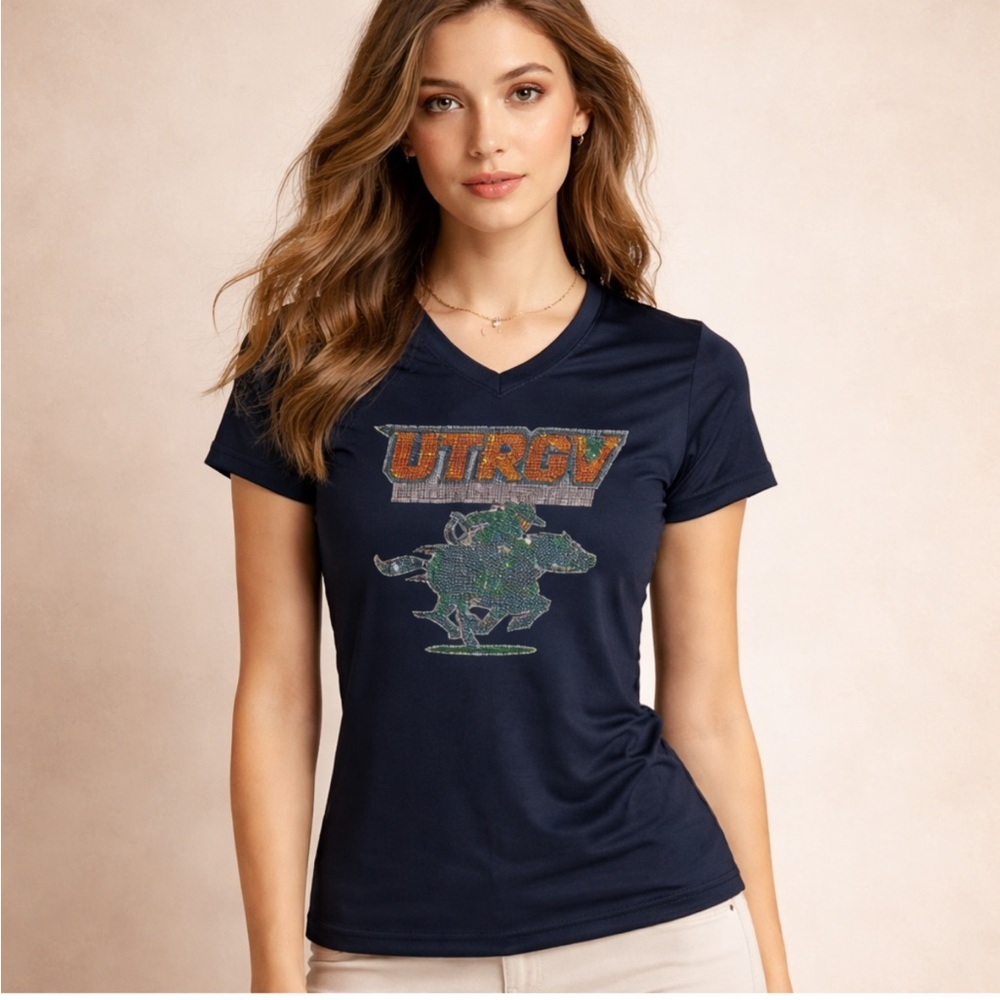 UTRGV Vaqueros Rhinestone Navy Graphic T-Shirt Women Large Performance Tee